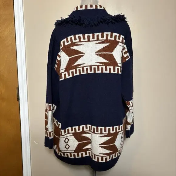 Cocogio Fringed Open Fron Cardigan Sweater Womens Sz L Aztec Boho Western Italy - Picture 3 of 16